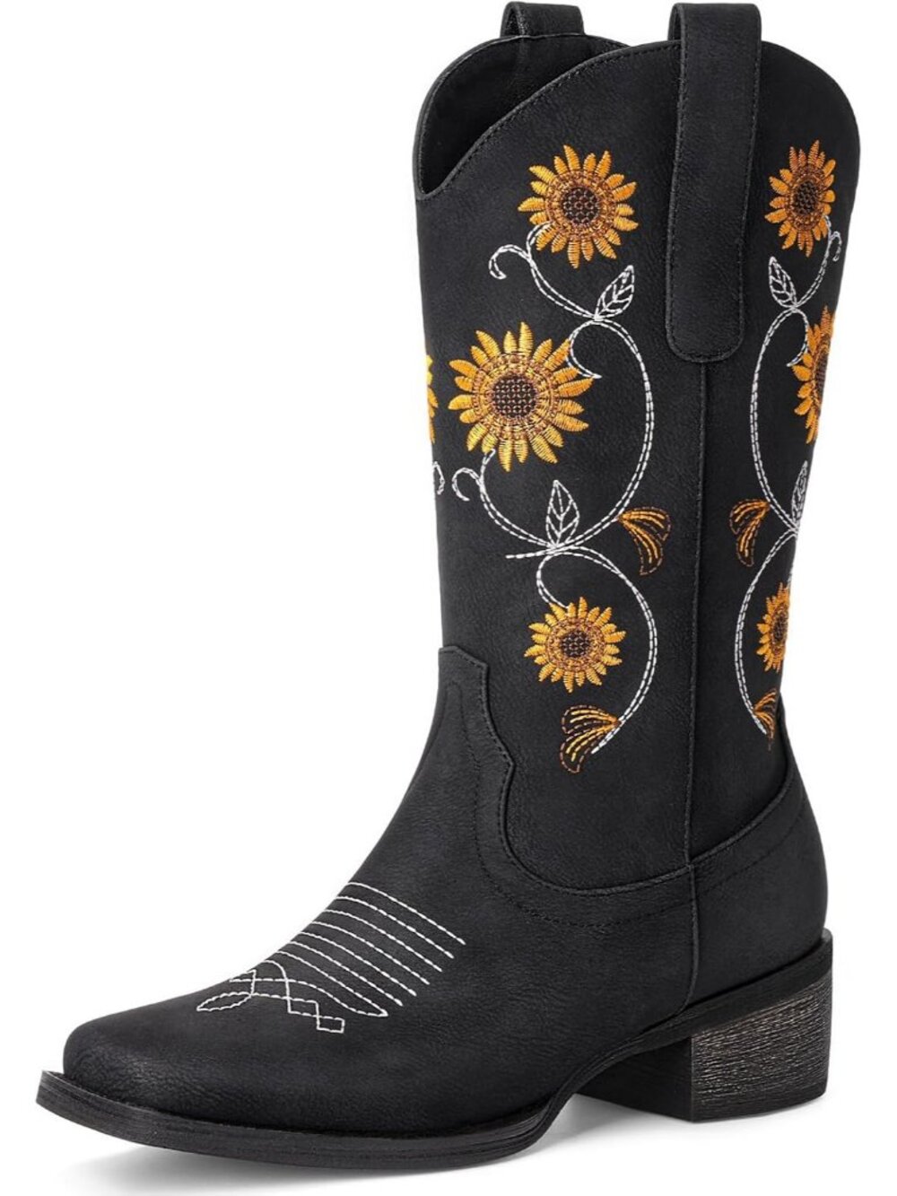 Woman's Black Square Toe Floral Embroidery Western Mid Calf Cowgirl Boots